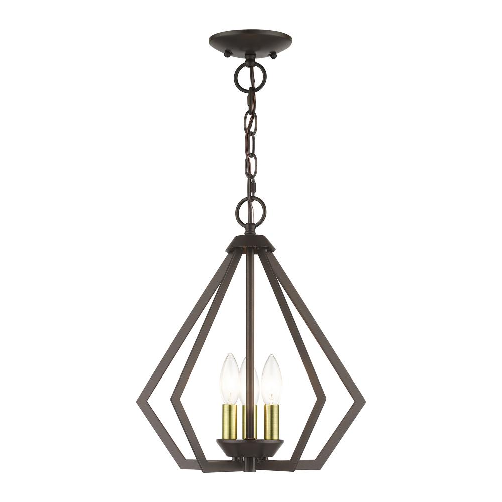 3 Light English Bronze Semi-Flush / Small Pendant with Antique Brass Finish Accents