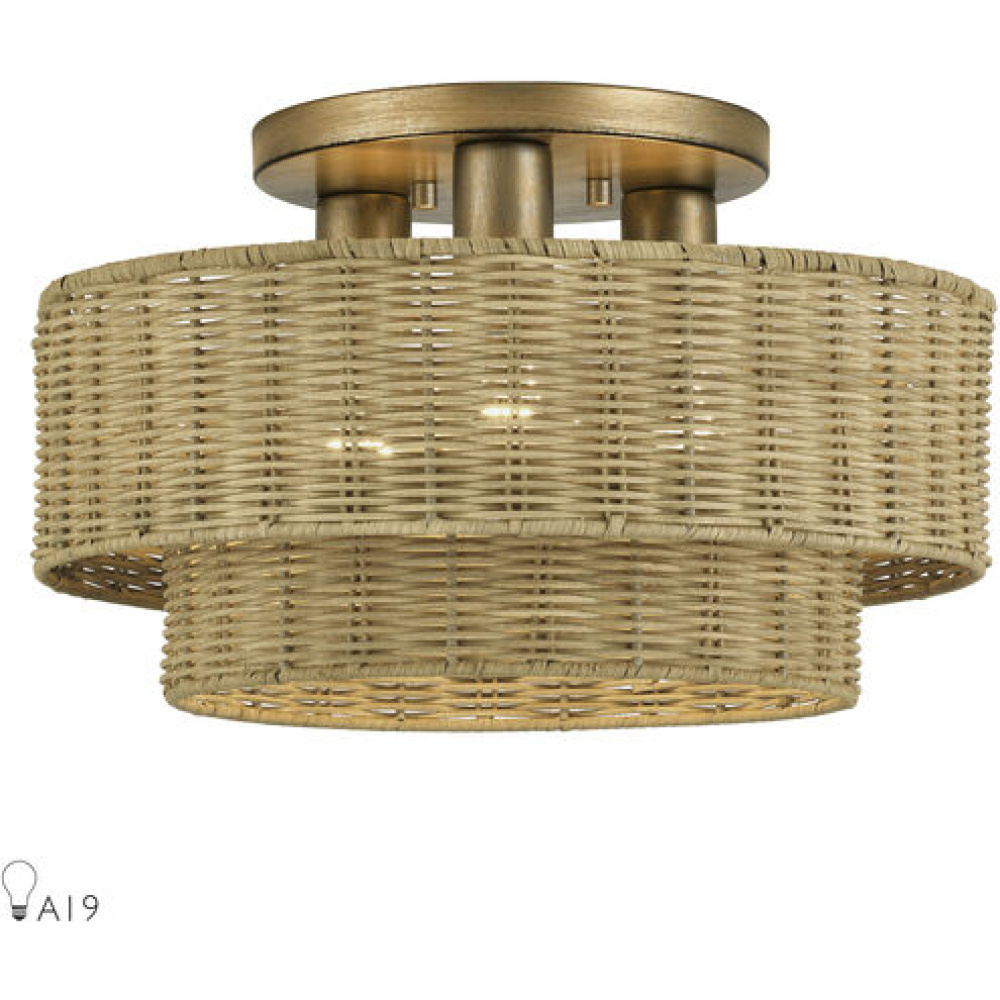 3 Light Antique Gold Leaf Large Semi-Flush