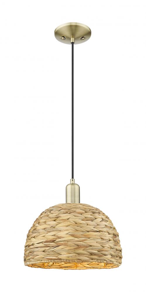 Woven Rattan - 1 Light - 12 inch - Polished Nickel - Cord hung - Mini Pendant