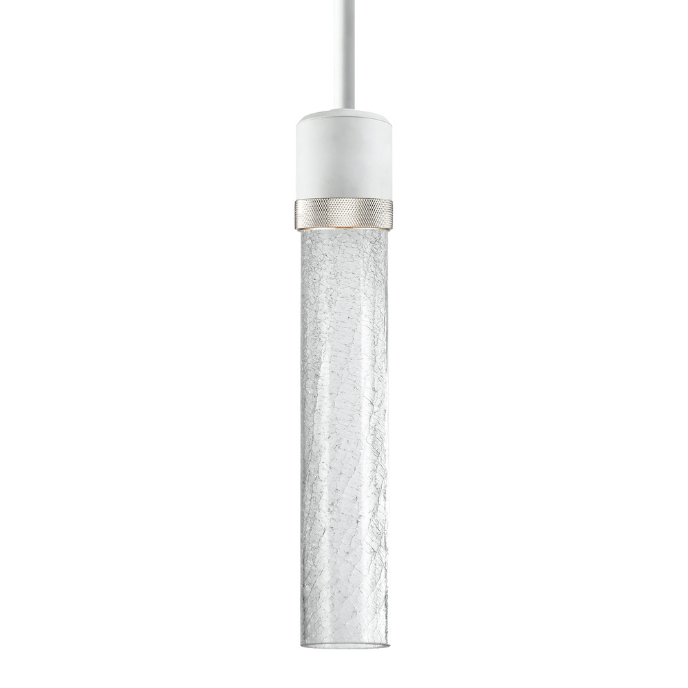 Zigrina 12" Crackled Glass LED Pendant in White and Nickel Knurled Ring