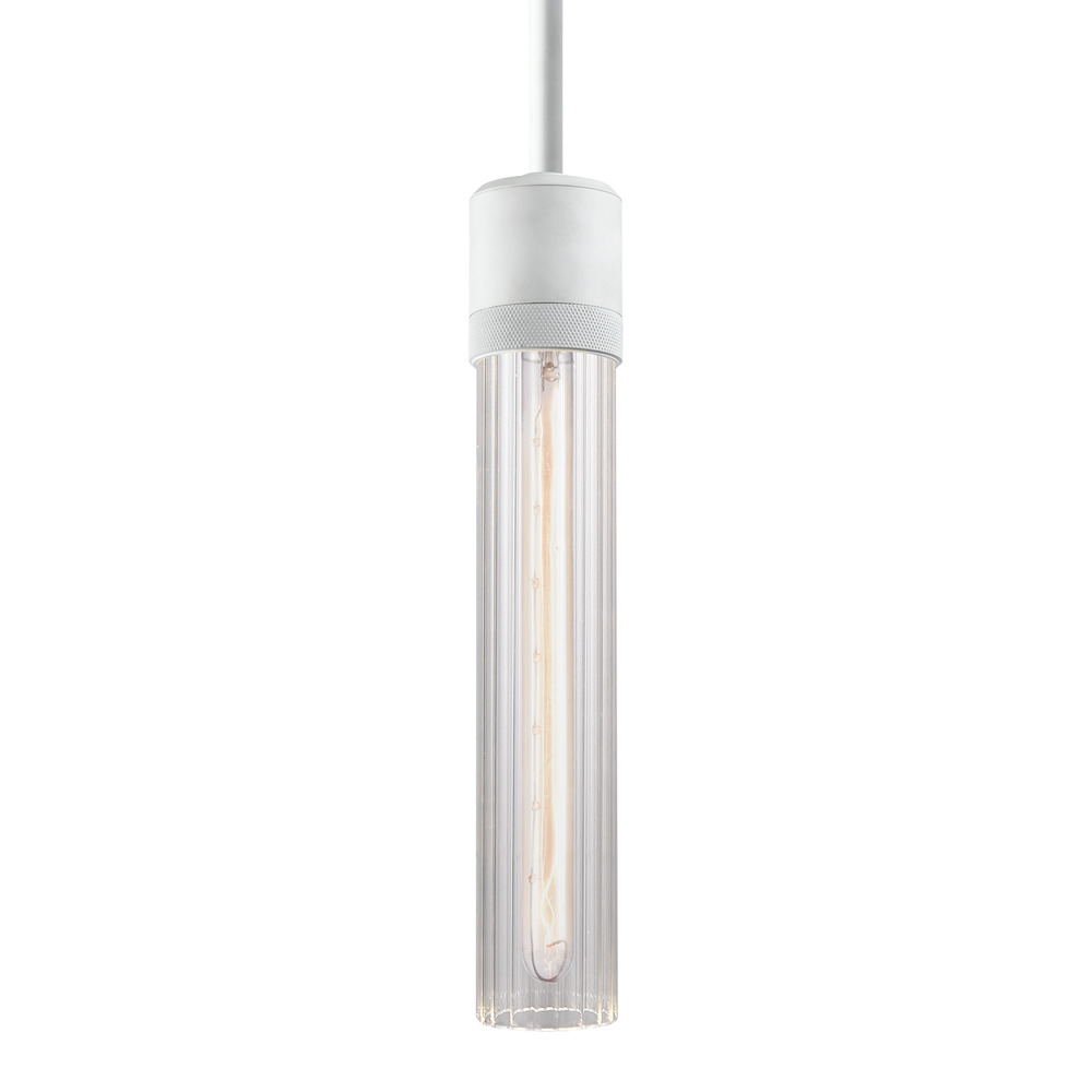 3" E26 Cylindrical Pendant Light, 12" Fluted Glass and Matte White Finish