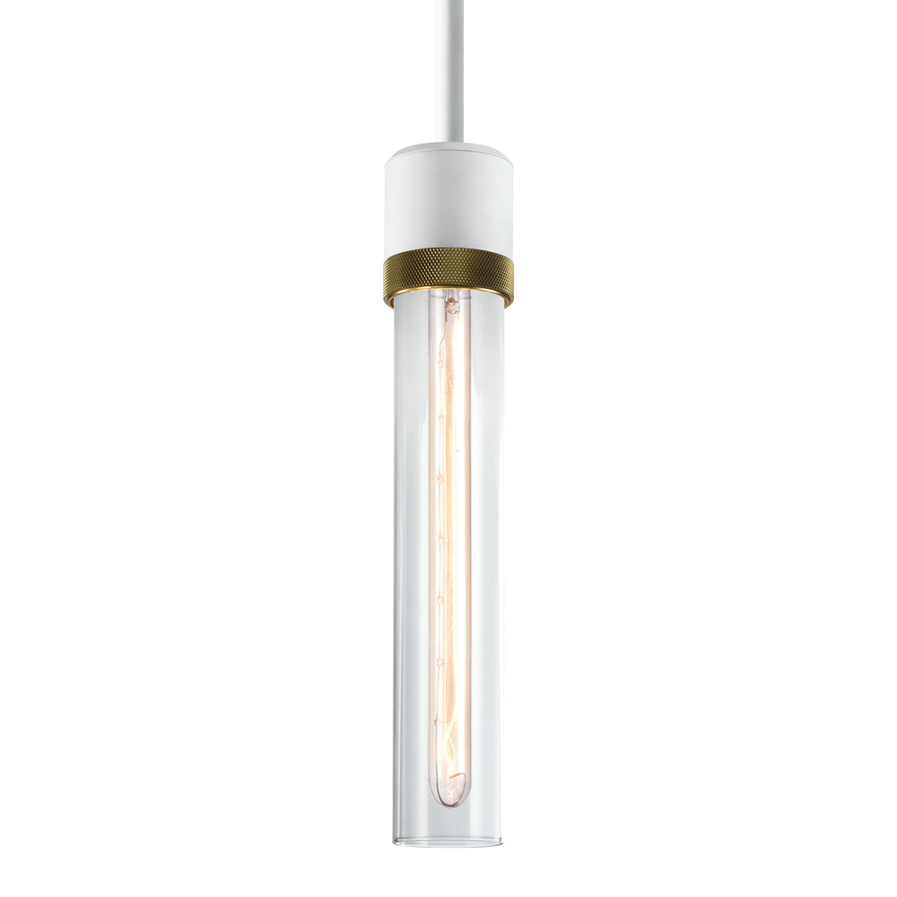 3" E26 Cylindrical Pendant Light, 12" Clear Glass and Matte White with Brass Finish