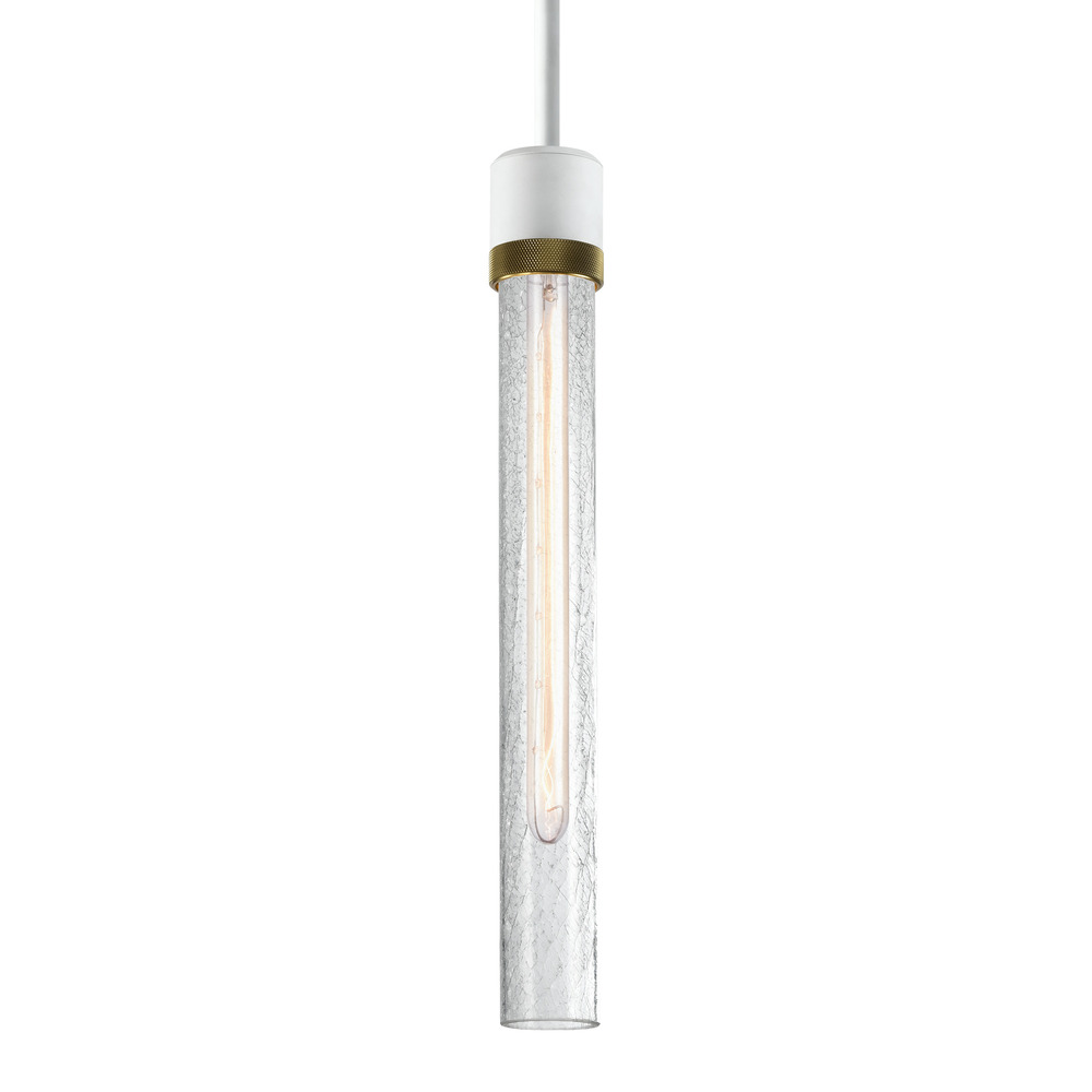 Zigrina 18" Crackled Glass E26 Pendant in White with Knurled Ring in Brass