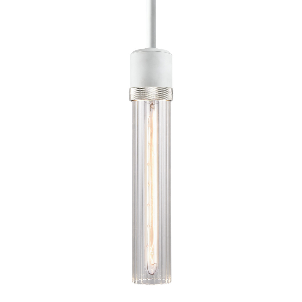 3" E26 Cylindrical Pendant Light, 12" Fluted Glass and Matte White with Nickel Finish