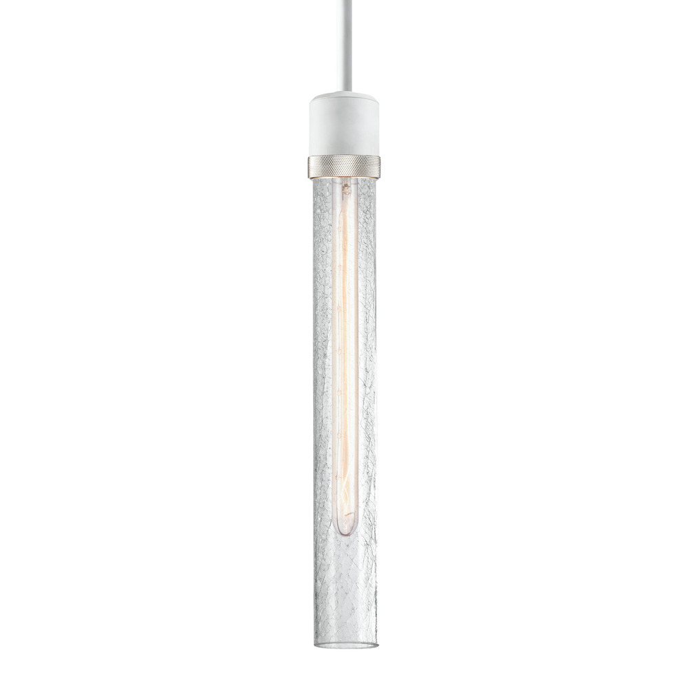 Zigrina 18" Crackled Glass E26 Pendant in White with Knurled Ring in Nickel
