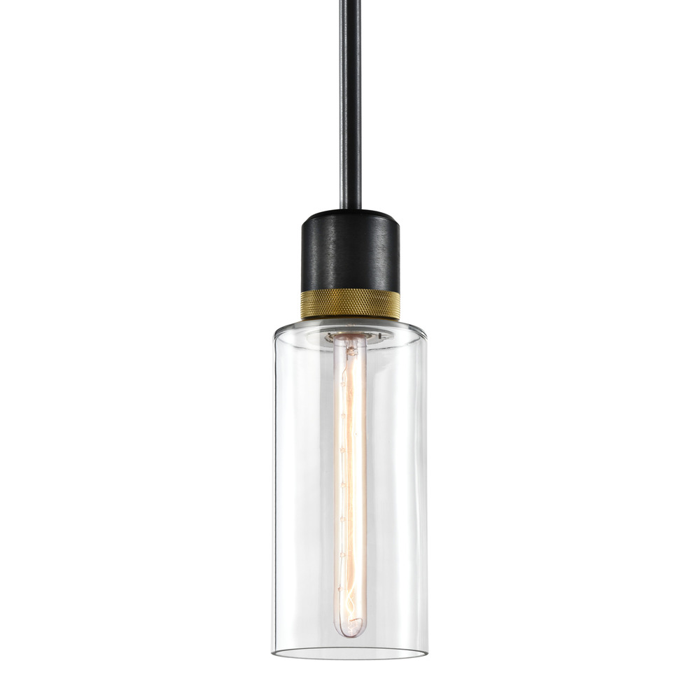 Zigrina 12" Glass Drum E26 Pendant in Black with Knurled Ring in Brass