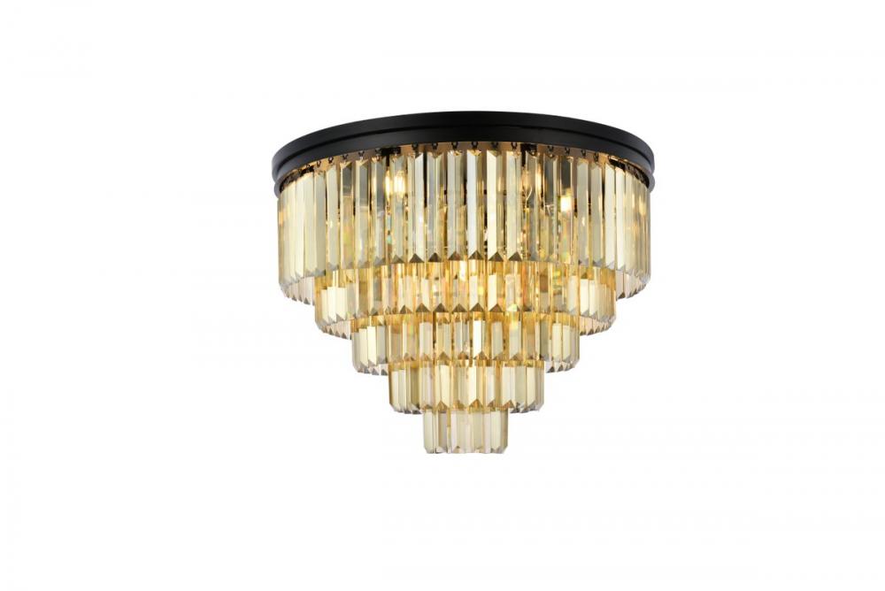 Sydney 17 Light Matte Black Flush Mount Golden Teak (Smoky) Royal Cut Crystal