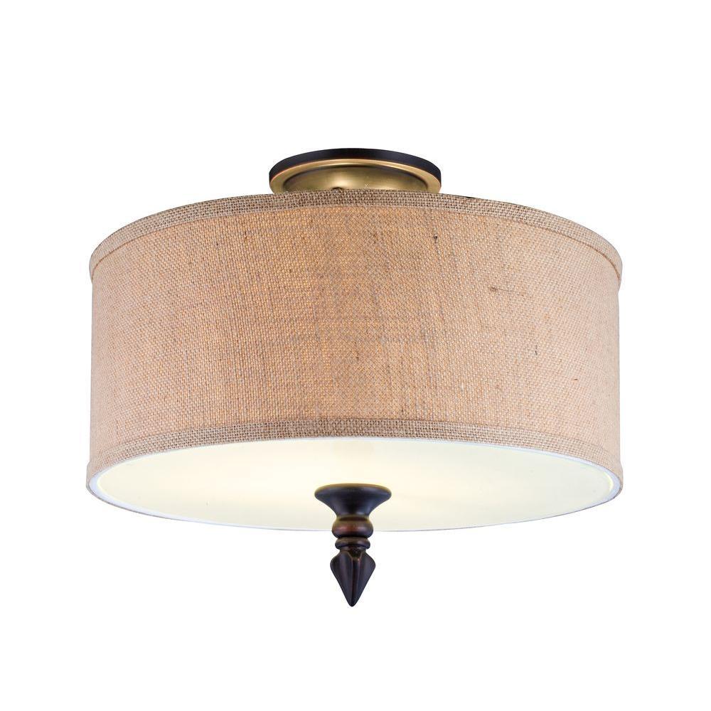 Jaxson Collection 2-Light Oil-Rubbed Bronze Semi-Flush Mount Light with Crafty Burlap Fabric Shade