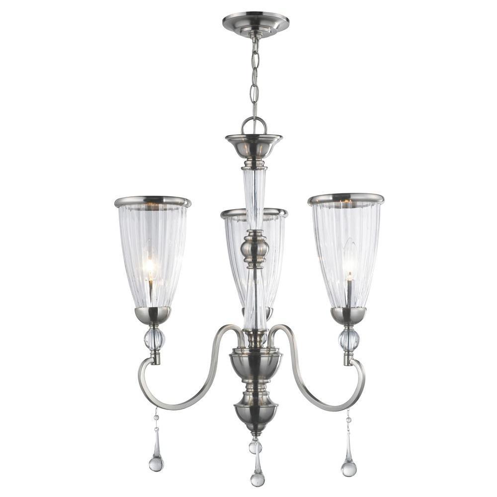 3-Light Brushed Nickel Chandelier with Crystal Adorned Clear Glass Shade