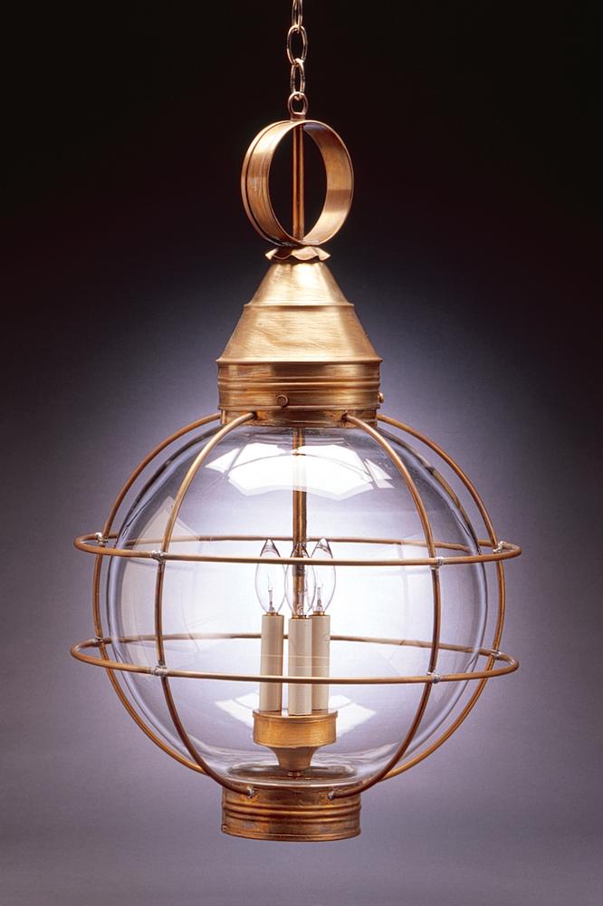 Caged Round Hanging Antique Copper 3 Candelabra Sockets Clear Seedy Glass