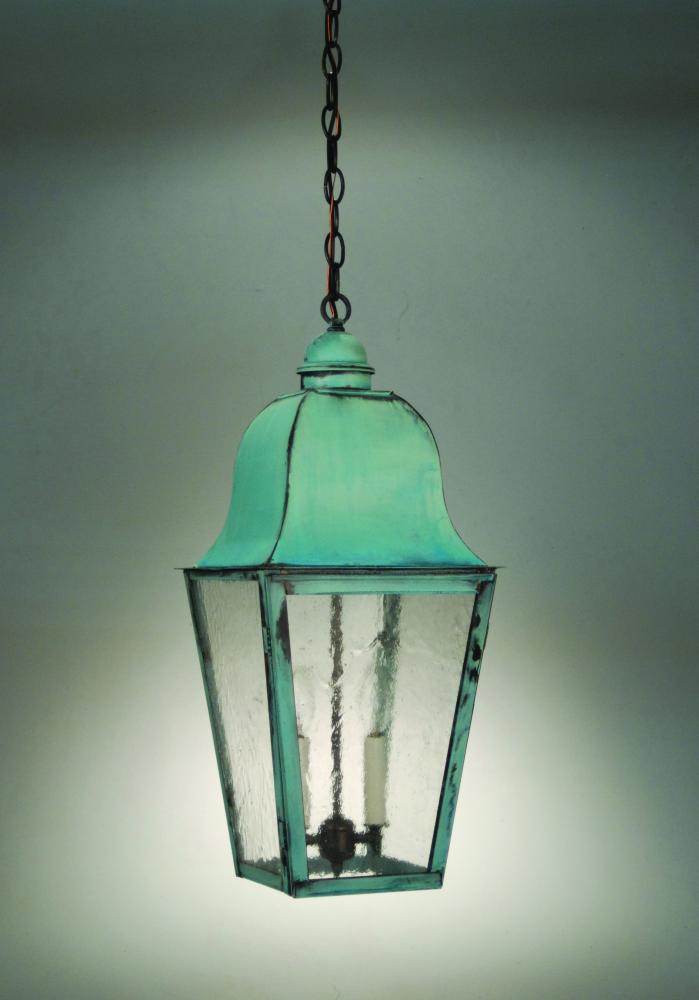 Hanging Fixture  Antique Copper Finish  2 Candelabra Sockets  Clear Seedy Glass